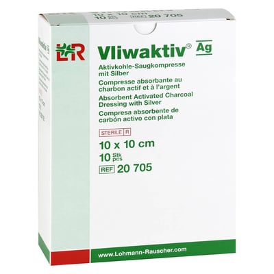 Vliwaktiv AG 10x10cm Aktivkohle Saugkompr.m.Silber
