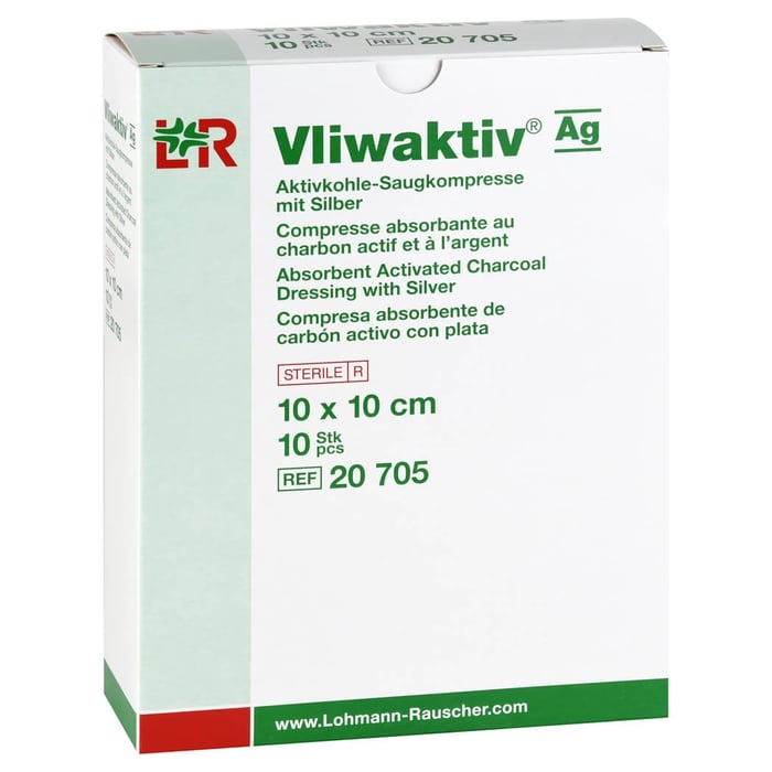 Vliwaktiv AG 10x10cm Aktivkohle Saugkompr.m.Silber