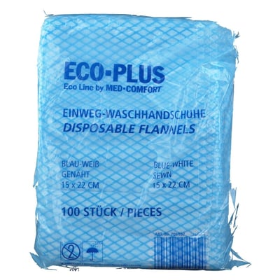 Einmalwaschhandschuh Eco-Plus blau-weiß genäht