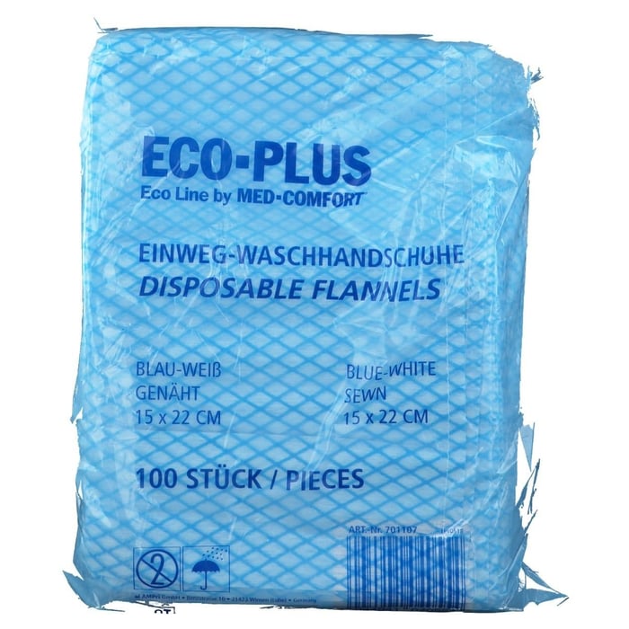 Einmalwaschhandschuh Eco-Plus blau-weiß genäht