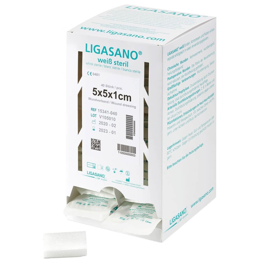 Ligasano weiß Verband 1x5x5 cm steril Spenderbox
