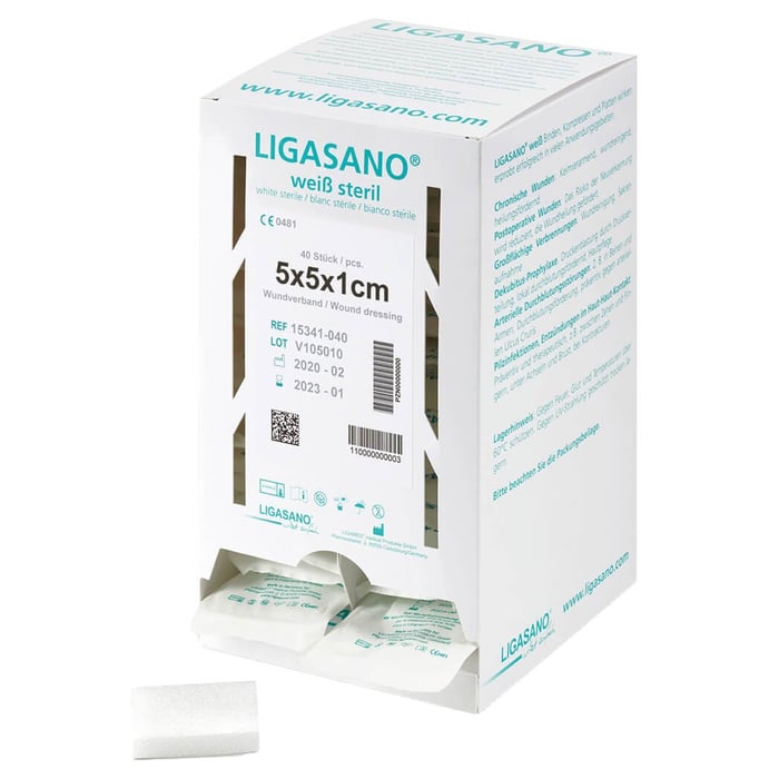 Ligasano weiß Verband 1x5x5 cm steril Spenderbox