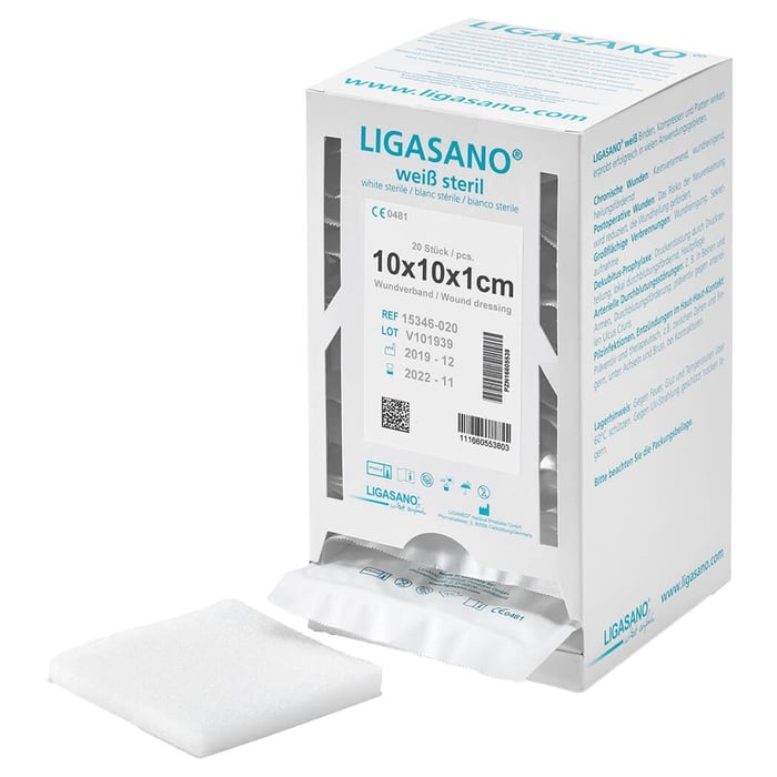Ligasano weiß Verband 1x10x10 cm steril Spenderbox