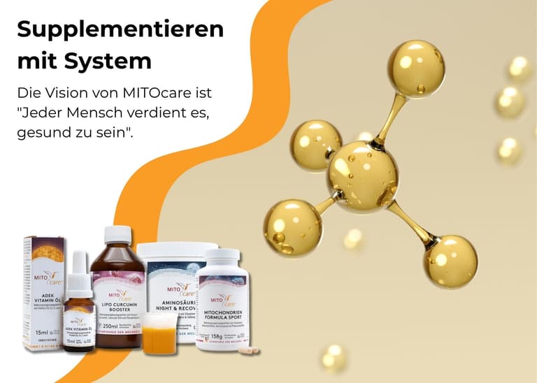 MITOcare Herobanner der die Vision "Jeder Mensch verdient es, gesund zu sein" zeigt, sowie die bei Healthii verfügbaren Produkte.