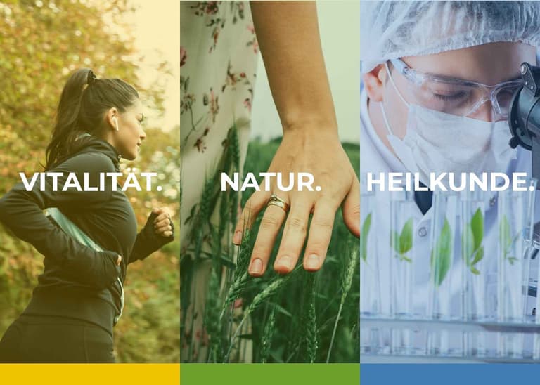 Hevert Markenwelt: Joggerin, Hand im Getreidefeld und Laborantin mit Pflanzenproben – Vitalität, Natur und Heilkunde