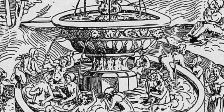 Historischer Holzschnitt eines Jungbrunnens, in dessen Becken Menschen baden, um wieder jung zu werden.