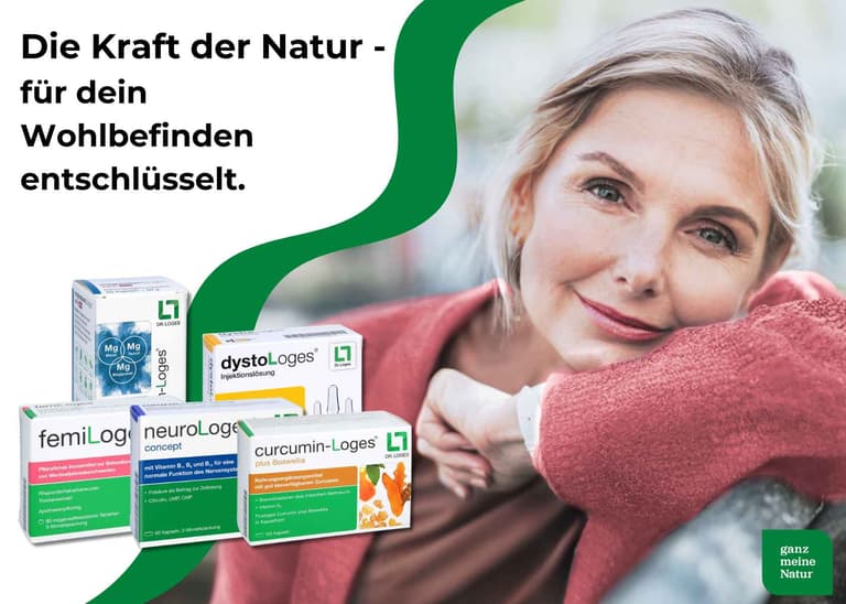 Dr. Loges Markenbanner: lächelnde Frau im Freien neben Produkten wie curcumin-Loges, dystoLoges und femiLoges