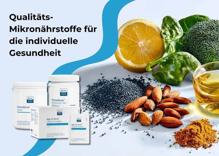 FormMed Mikronährstoff-Produkte neben frischem Obst, Gemüse, Nüssen und Gewürzen, mit der Überschrift „Qualitäts-Mikronährstoffe für die individuelle Gesundheit”.