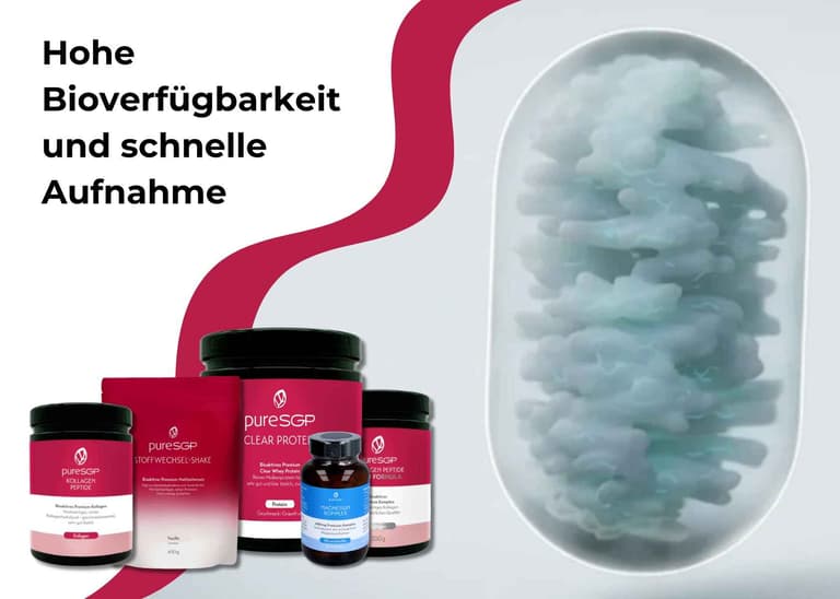 pureSGP Markenbanner: Pipette über einem Glas neben Kollagen Peptide, Stoffwechsel-Shake, Clear Protein und Magnesium Komplex
