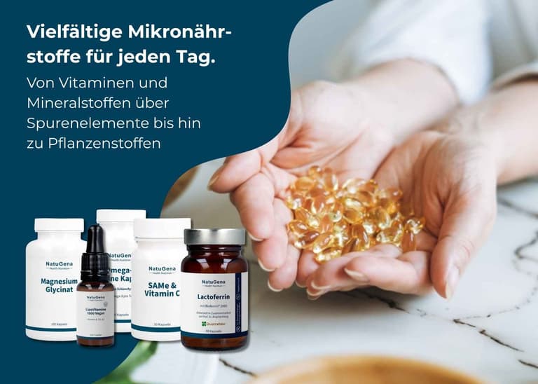 NatuGena Markenbanner: Hände mit Omega-3-Kapseln neben Magnesium Glycinat, LipoVitamine, SAMe und Lactoferrin