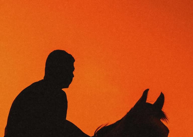 Eine Reitersilhouette vor orangenem Hintergrund.