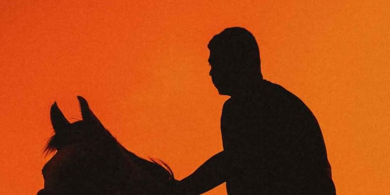 Silhouette eines Mannes auf einem Pferd vor leuchtend orangem Abendhimmel.